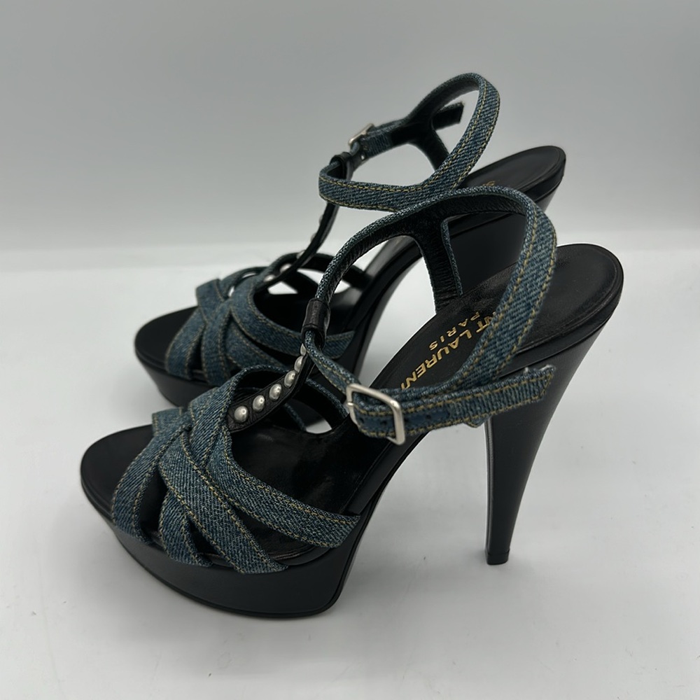 Yves Saint Laurent YSL Tribute 105 Sandal Blue Denim Pearl Size 36 EU / 6 US New - Picture 3 of 9
